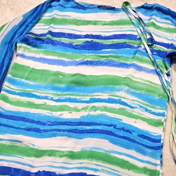 Lauren Ralph Lauren ✦ Blue Green Stripe Blouse ✦ Flowy ¾ Sleeve Tie Accessory - Picture 4 of 15